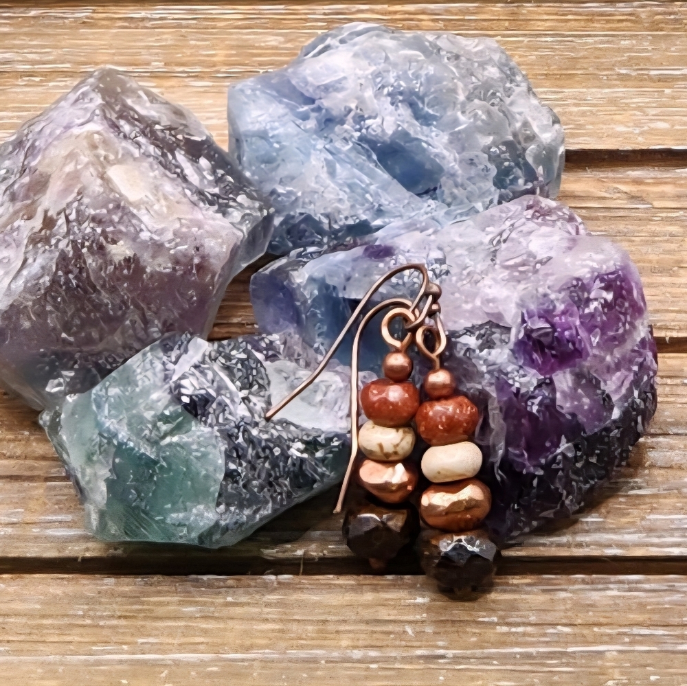 Bronzite, Picture Jasper, Goldstone and Copper Stacked Earrings